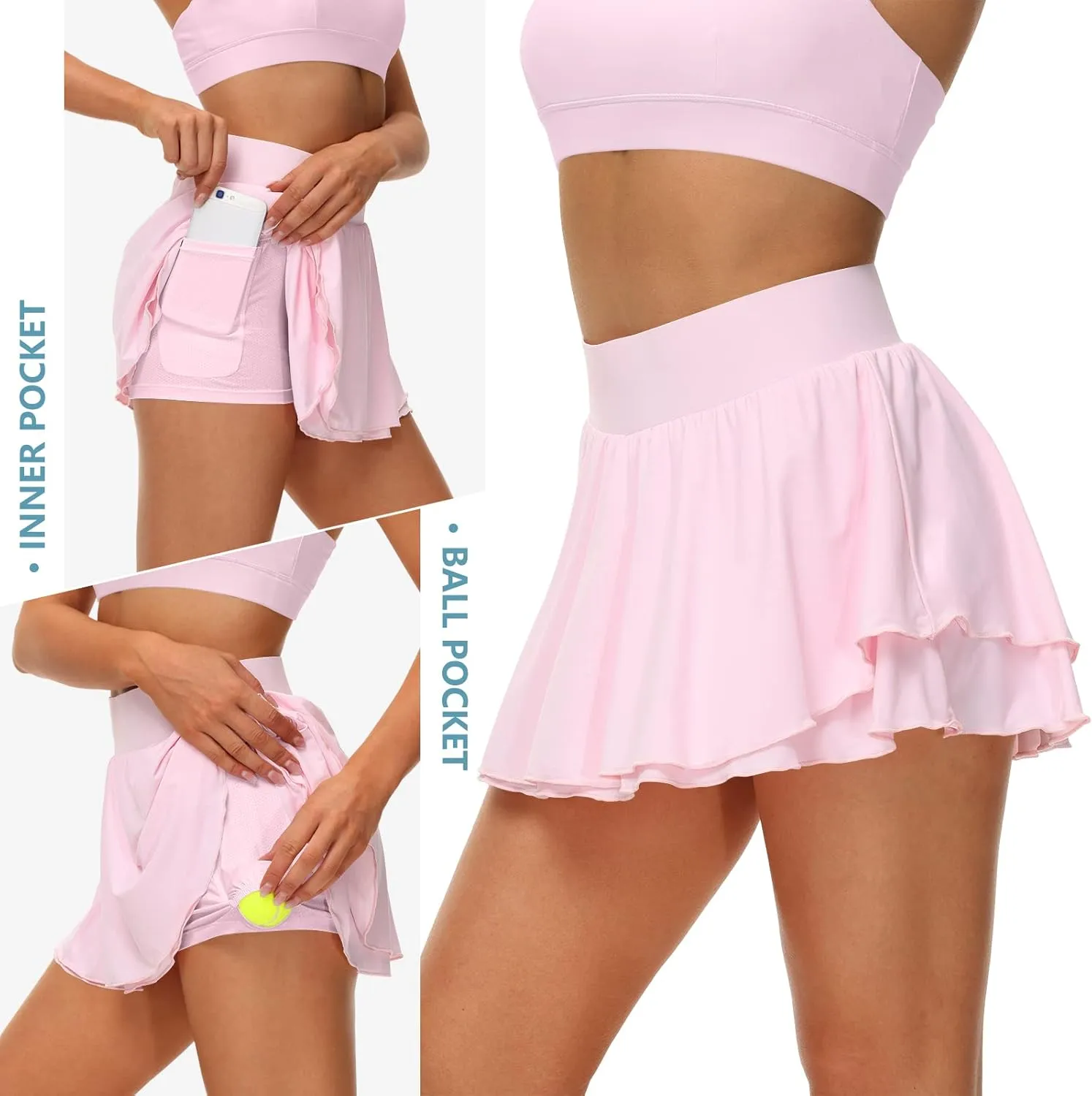 UrKeuf Women's Athletic Tennis Skirts with Pockets 13in Ruffle Golf Running Workout Ice Silk Flowy Skorts with Sports Shorts