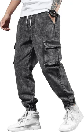 Verdusa Men's Elastic Waist Drawstring Denim Cargo Pants Joggers with Pockets