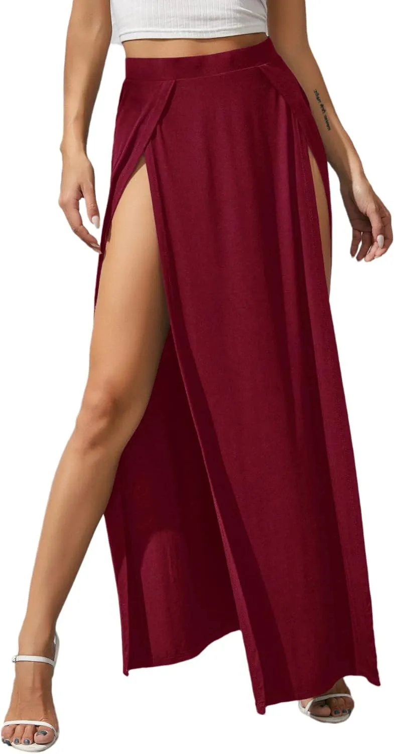 Verdusa Women's Elastic Waist High Split Wrap Flowy Long Maxi Skirt