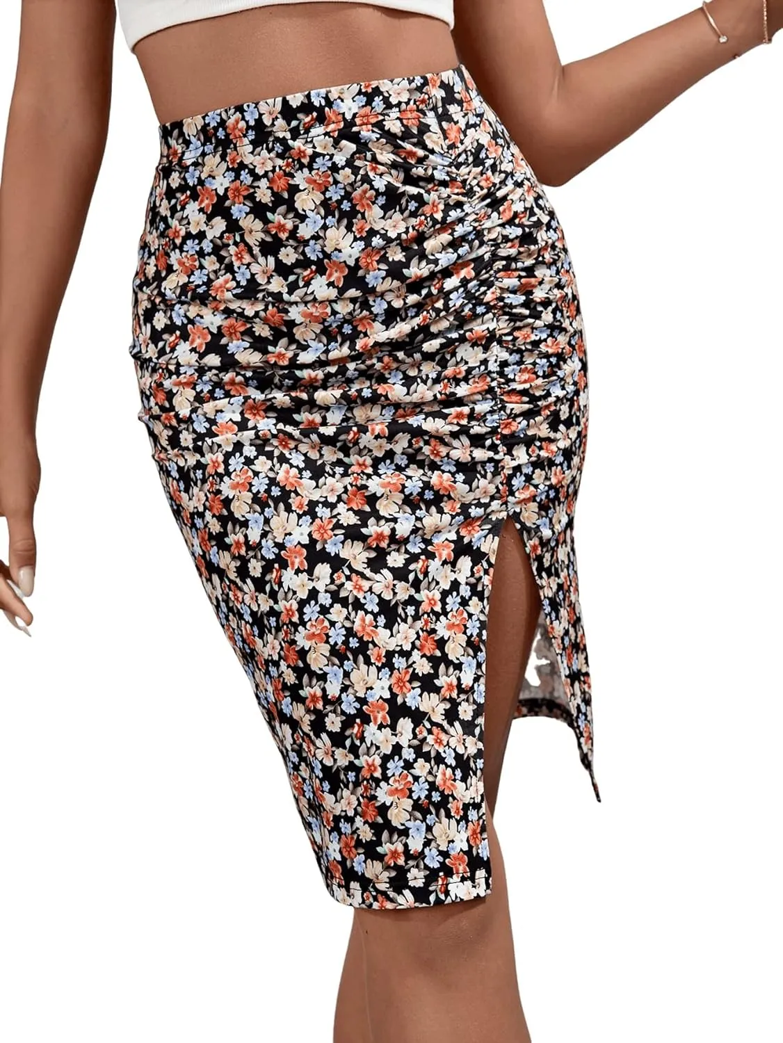 Verdusa Women's Floral Print Ruched Elastic Waist Split Bodycon Short Skirt