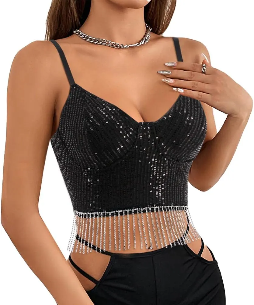 Vimoisa Women Reflective Metallic Tank Top Bustier Spaghetti Strap Crop Top Tight Sleeveless Tube Top Vest Blouse