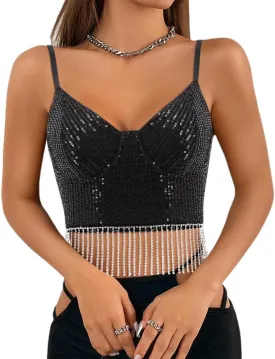 Vimoisa Women Reflective Metallic Tank Top Bustier Spaghetti Strap Crop Top Tight Sleeveless Tube Top Vest Blouse