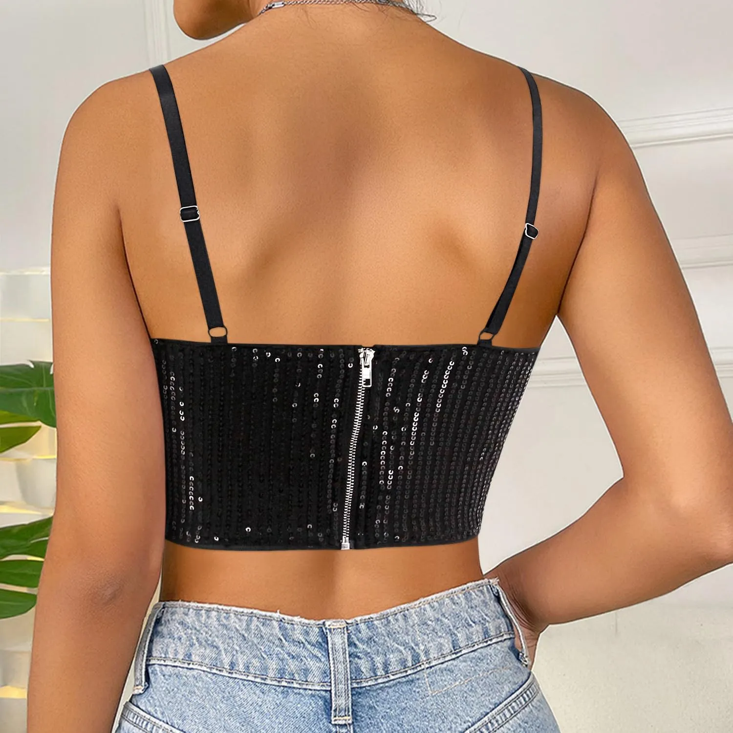 Vimoisa Women Reflective Metallic Tank Top Bustier Spaghetti Strap Crop Top Tight Sleeveless Tube Top Vest Blouse