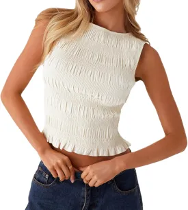 Women Polka Dot Tank Top Y2k Ruffle Smocked Boat Neck Tie Shoulder Peplum Top Summer Going Out Tops Streetwear