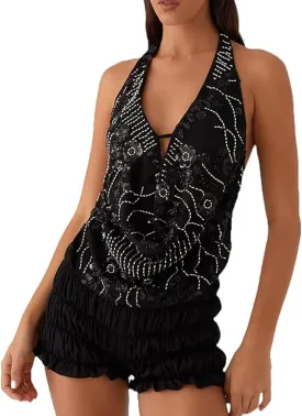 Women Sequin Cami Top Sexy Beaded Sleeveless Halter Crop Top Summer Glitter Backless Club Party Streetwear
