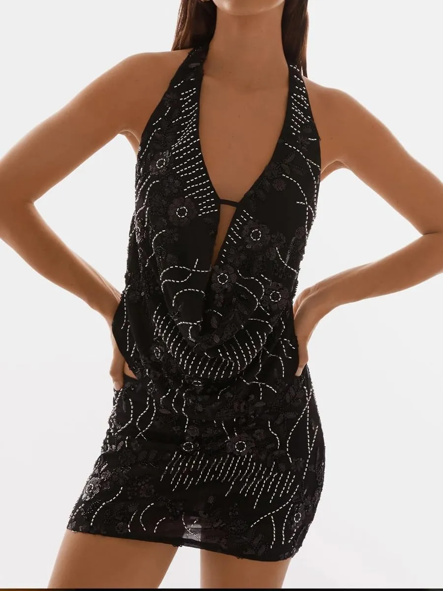 Women Sequin Cami Top Sexy Beaded Sleeveless Halter Crop Top Summer Glitter Backless Club Party Streetwear