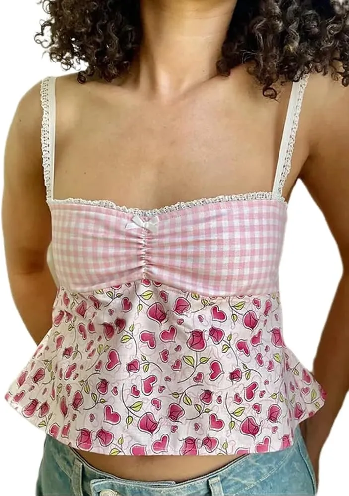 Women Y2k Backless Tank Top Vintage Lace Trim Floral Patchwork Cami Crop Top Summer Party Club Vest 00s Retro Shirt