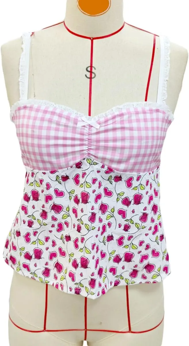Women Y2k Backless Tank Top Vintage Lace Trim Floral Patchwork Cami Crop Top Summer Party Club Vest 00s Retro Shirt
