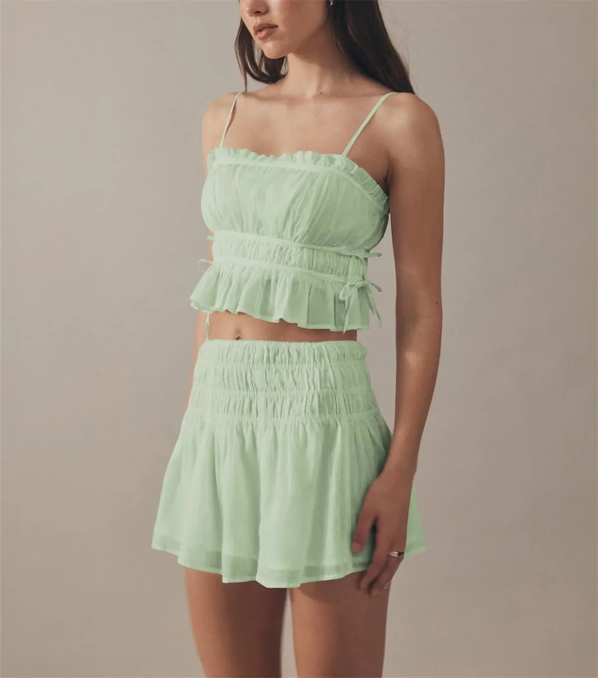 Women Y2K Spaghetti Strap Ruched Peplum Crop Cami Top Fairy Square Neck Tie Backless Ruffle Hem Cropped Tank Top