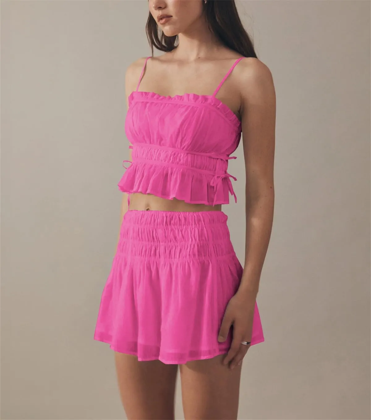 Women Y2K Spaghetti Strap Ruched Peplum Crop Cami Top Fairy Square Neck Tie Backless Ruffle Hem Cropped Tank Top