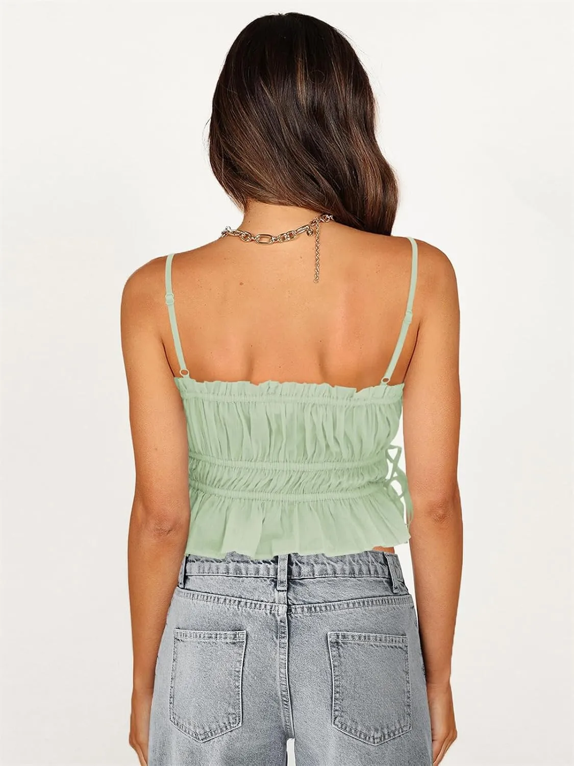 Women Y2K Spaghetti Strap Ruched Peplum Crop Cami Top Fairy Square Neck Tie Backless Ruffle Hem Cropped Tank Top