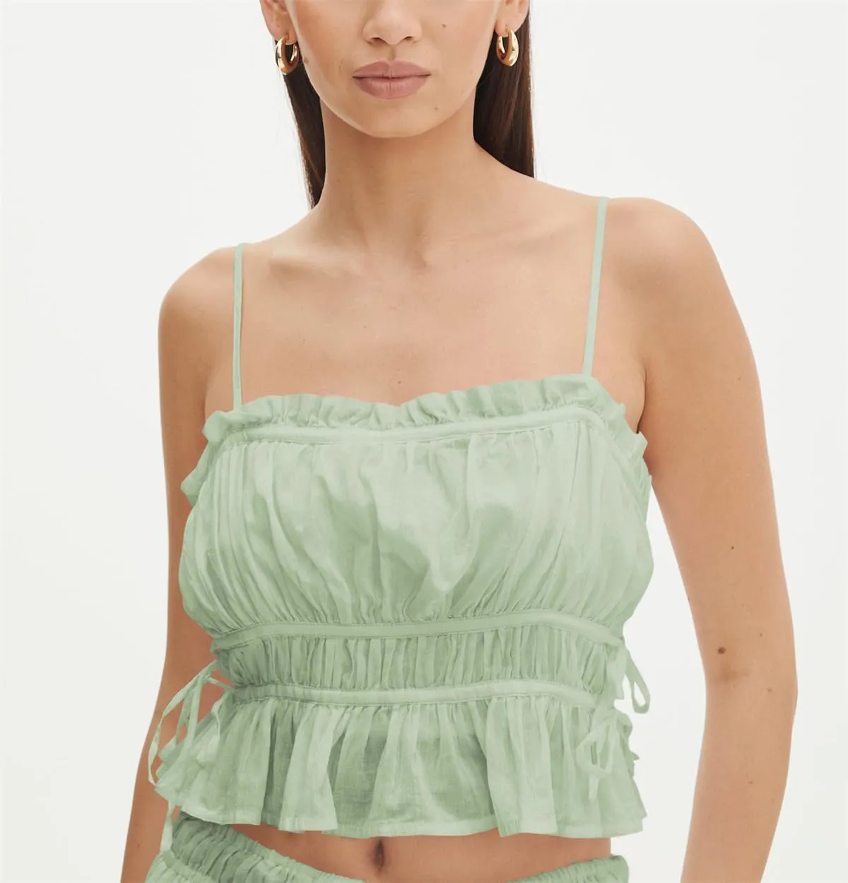 Women Y2K Spaghetti Strap Ruched Peplum Crop Cami Top Fairy Square Neck Tie Backless Ruffle Hem Cropped Tank Top