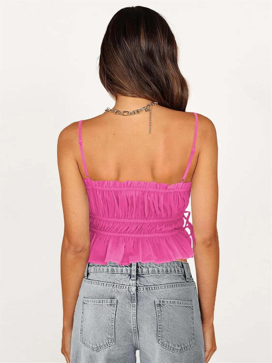 Women Y2K Spaghetti Strap Ruched Peplum Crop Cami Top Fairy Square Neck Tie Backless Ruffle Hem Cropped Tank Top
