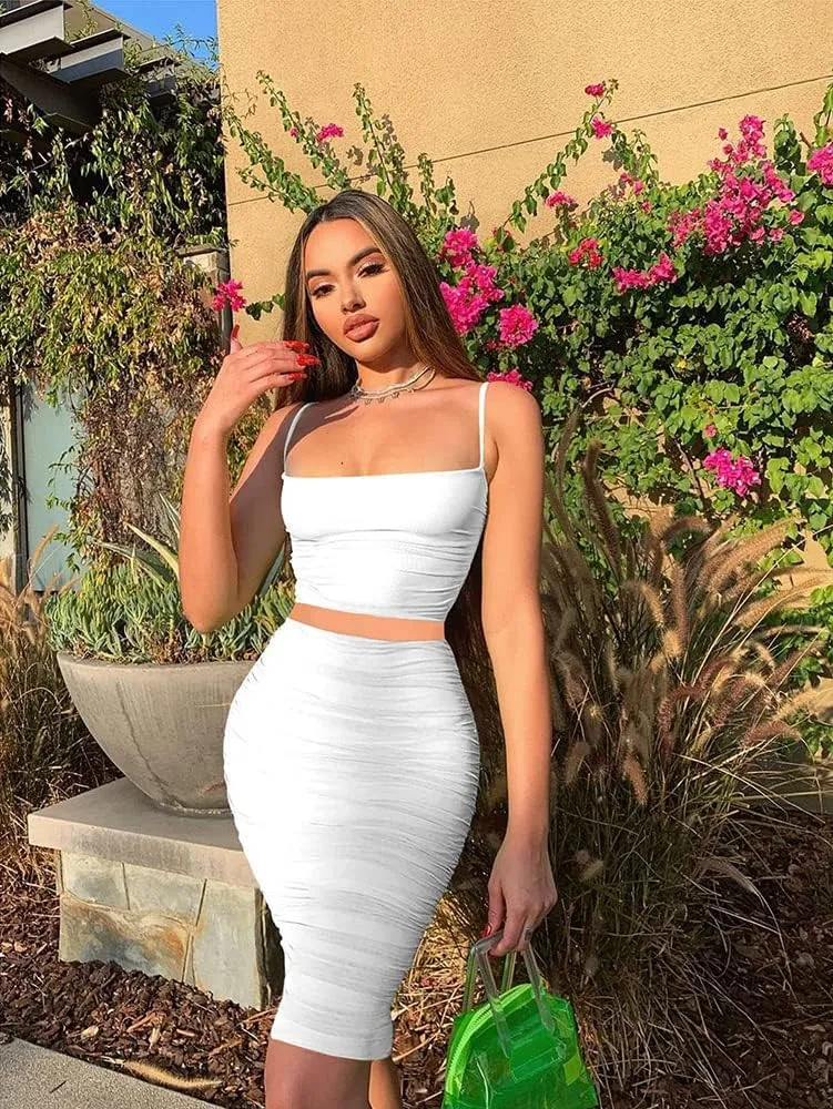 Women's Elastic High Waist Ruched Bodycon Stretch Elegant Pencil Midi Skirt