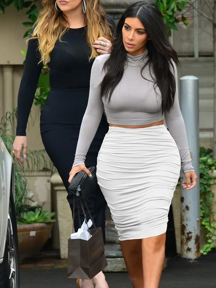 Women's Elastic High Waist Ruched Bodycon Stretch Elegant Pencil Midi Skirt