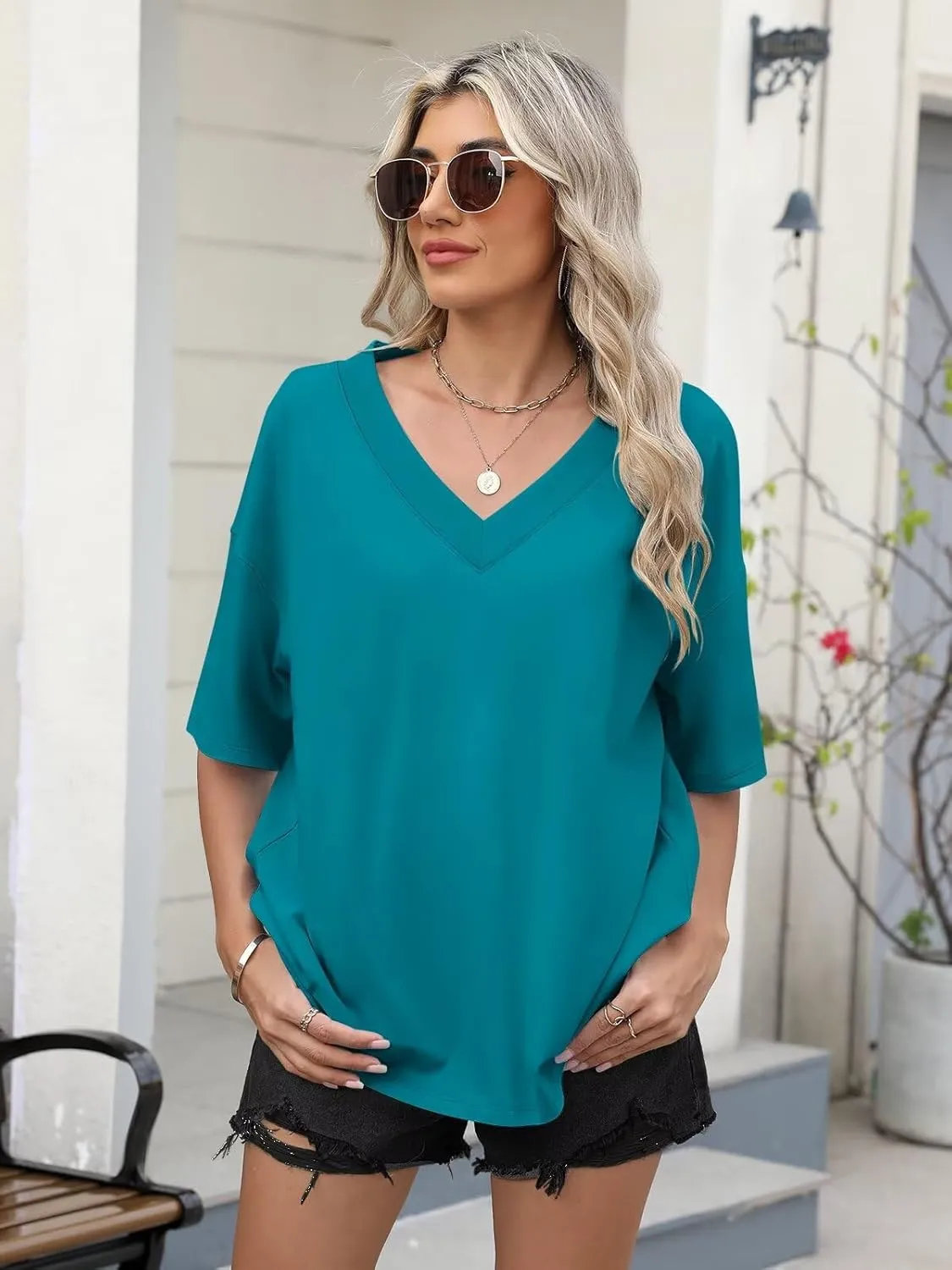 Womens Oversized T Shirts Ribbed Trim V Neck Short Sleeve Tops Summer Cotton Tees Loose Fit 2025