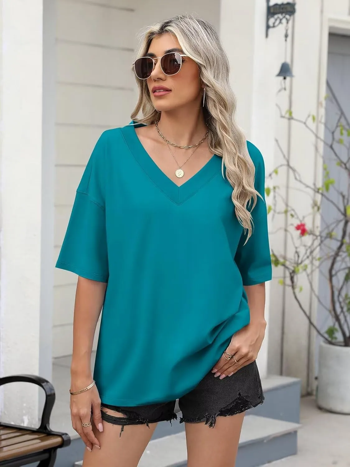 Womens Oversized T Shirts Ribbed Trim V Neck Short Sleeve Tops Summer Cotton Tees Loose Fit 2025
