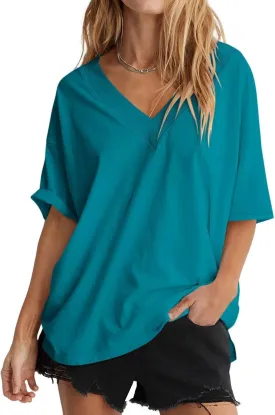 Womens Oversized T Shirts Ribbed Trim V Neck Short Sleeve Tops Summer Cotton Tees Loose Fit 2025