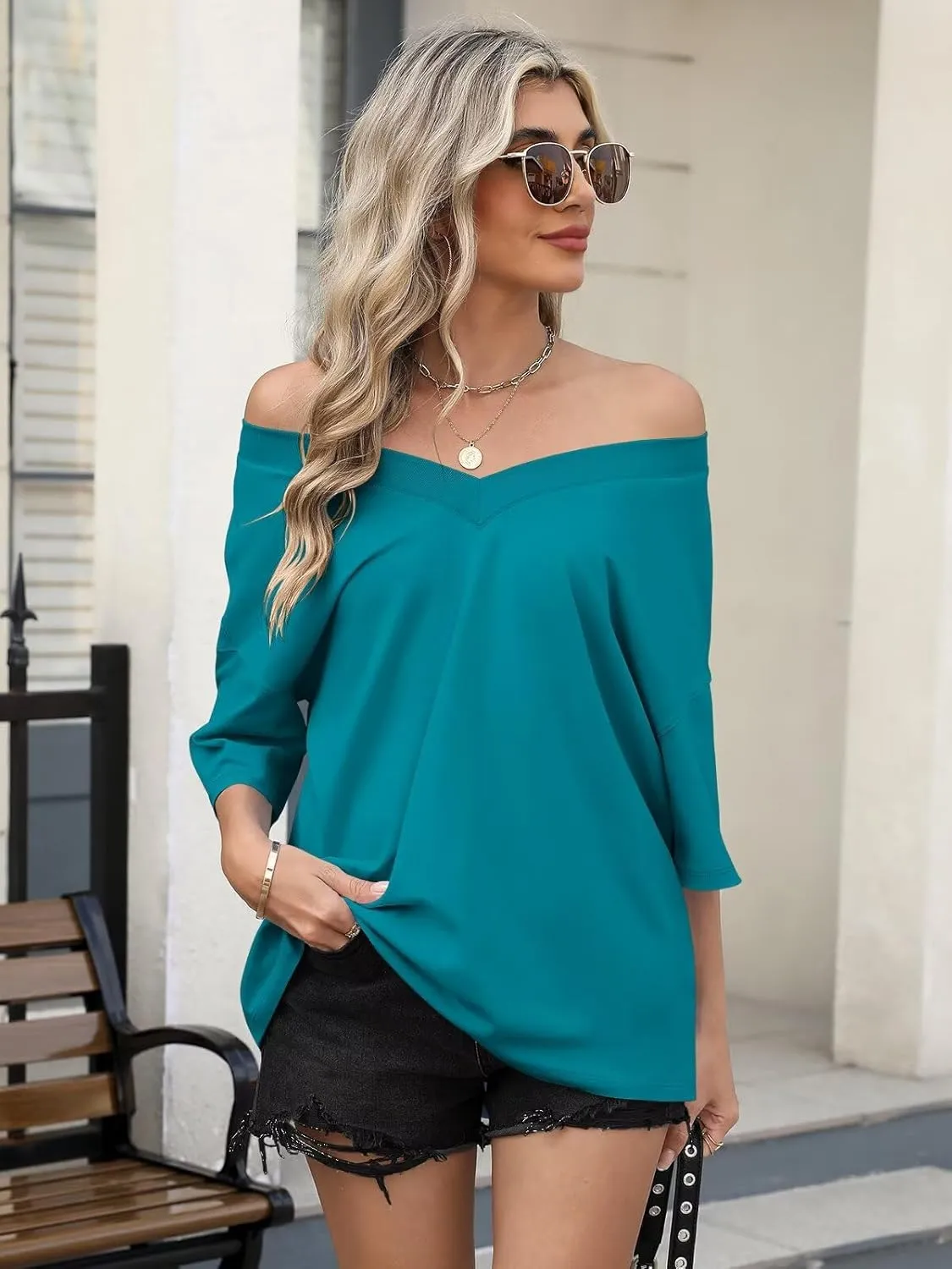 Womens Oversized T Shirts Ribbed Trim V Neck Short Sleeve Tops Summer Cotton Tees Loose Fit 2025