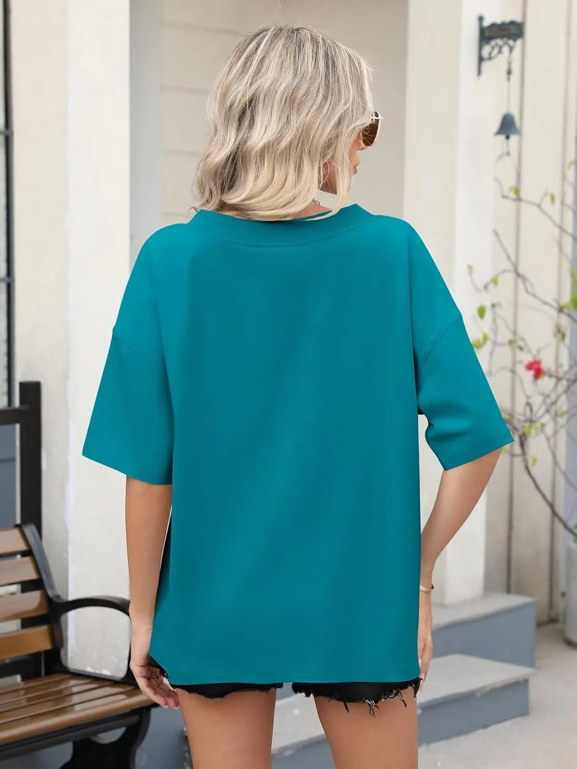 Womens Oversized T Shirts Ribbed Trim V Neck Short Sleeve Tops Summer Cotton Tees Loose Fit 2025