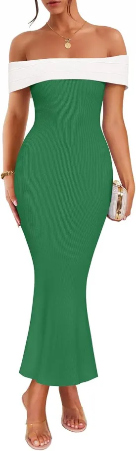 ZESICA Women's 2025 Summer Off The Shoulder Ribbed Knit Sweater Dresses Sleeveless Color Block Party Bodycon Maxi Dress