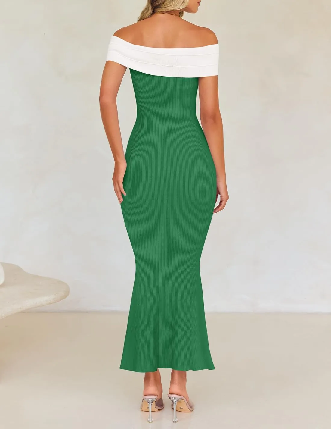ZESICA Women's 2025 Summer Off The Shoulder Ribbed Knit Sweater Dresses Sleeveless Color Block Party Bodycon Maxi Dress