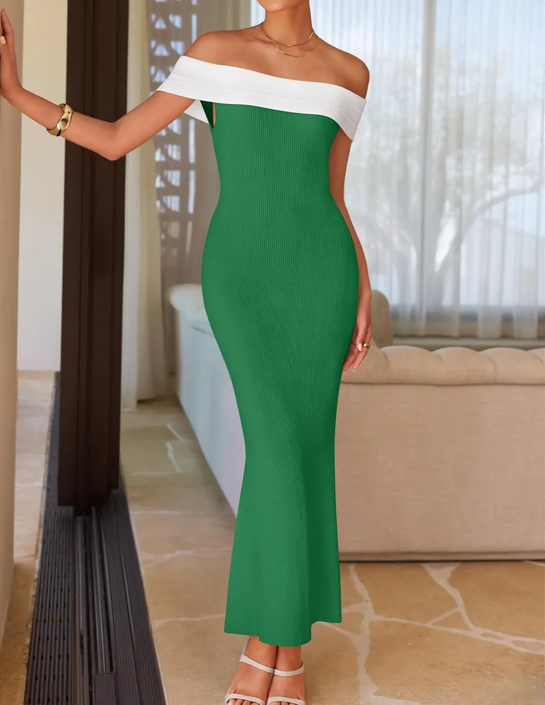 ZESICA Women's 2025 Summer Off The Shoulder Ribbed Knit Sweater Dresses Sleeveless Color Block Party Bodycon Maxi Dress