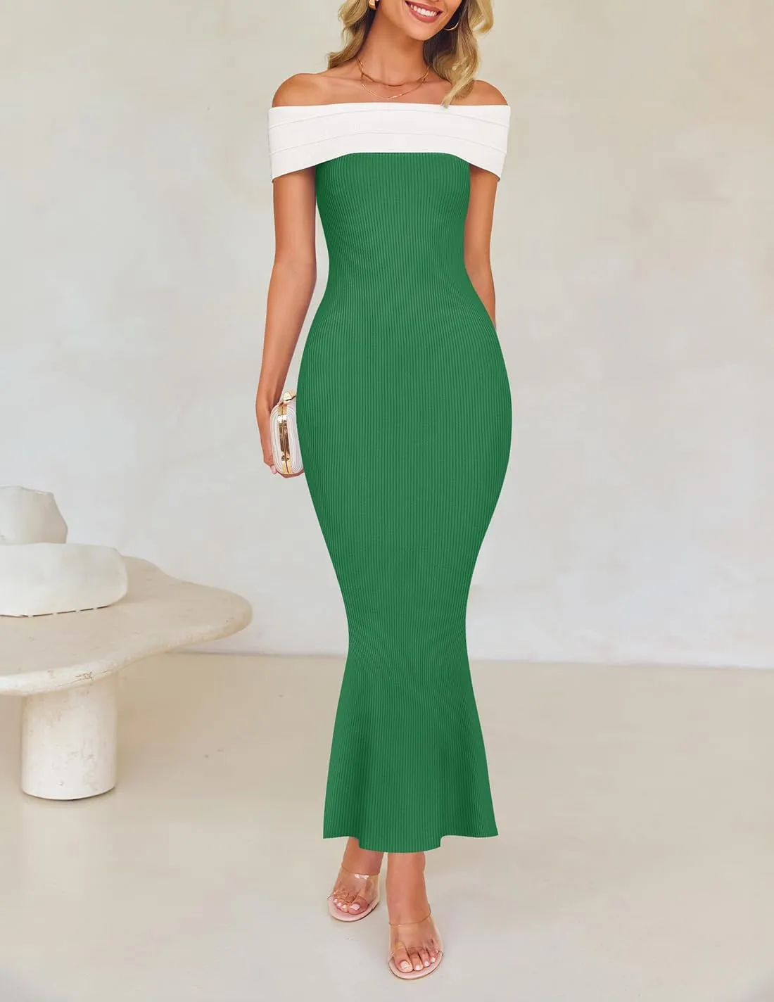 ZESICA Women's 2025 Summer Off The Shoulder Ribbed Knit Sweater Dresses Sleeveless Color Block Party Bodycon Maxi Dress