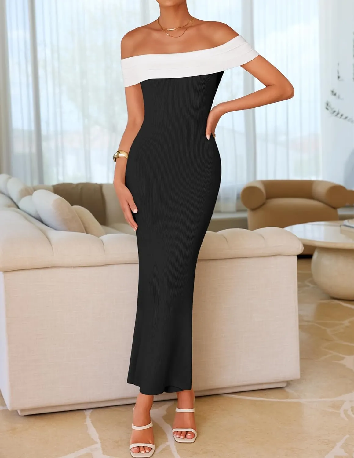 ZESICA Women's 2025 Summer Off The Shoulder Ribbed Knit Sweater Dresses Sleeveless Color Block Party Bodycon Maxi Dress