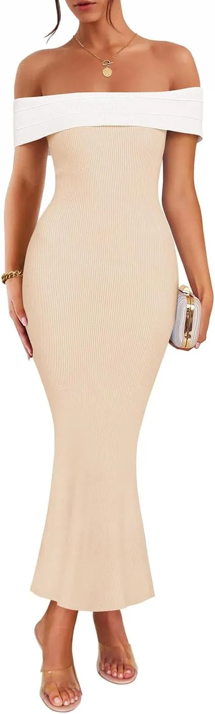 ZESICA Women's 2025 Summer Off The Shoulder Ribbed Knit Sweater Dresses Sleeveless Color Block Party Bodycon Maxi Dress
