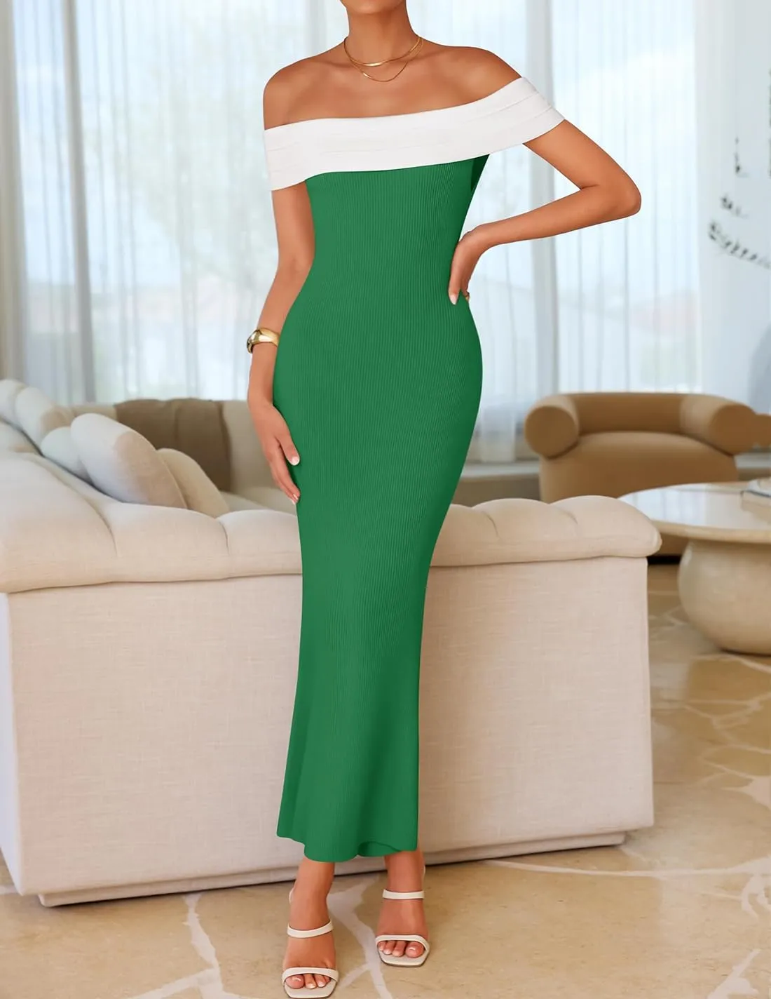 ZESICA Women's 2025 Summer Off The Shoulder Ribbed Knit Sweater Dresses Sleeveless Color Block Party Bodycon Maxi Dress