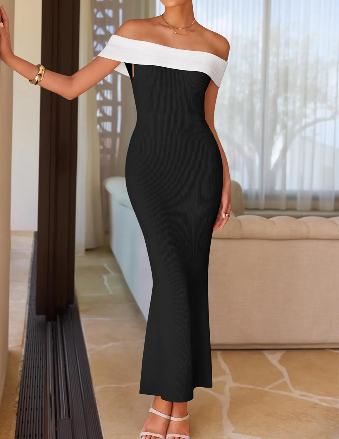 ZESICA Women's 2025 Summer Off The Shoulder Ribbed Knit Sweater Dresses Sleeveless Color Block Party Bodycon Maxi Dress