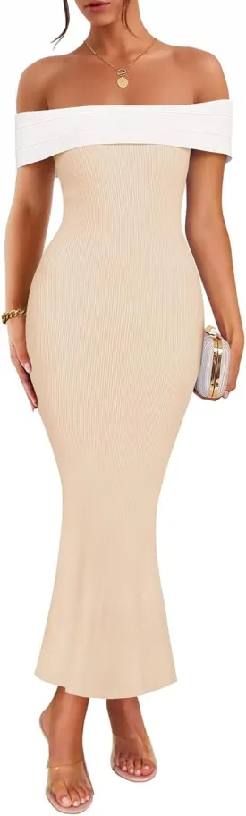 ZESICA Women's 2025 Summer Off The Shoulder Ribbed Knit Sweater Dresses Sleeveless Color Block Party Bodycon Maxi Dress