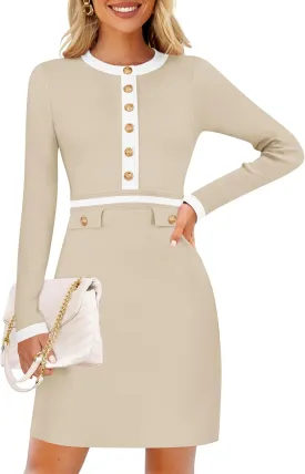 ZESICA Women's Fall Long Sleeve Bodycon Sweater Dress Crewneck Button Knit Color Block Party Mini Dresses
