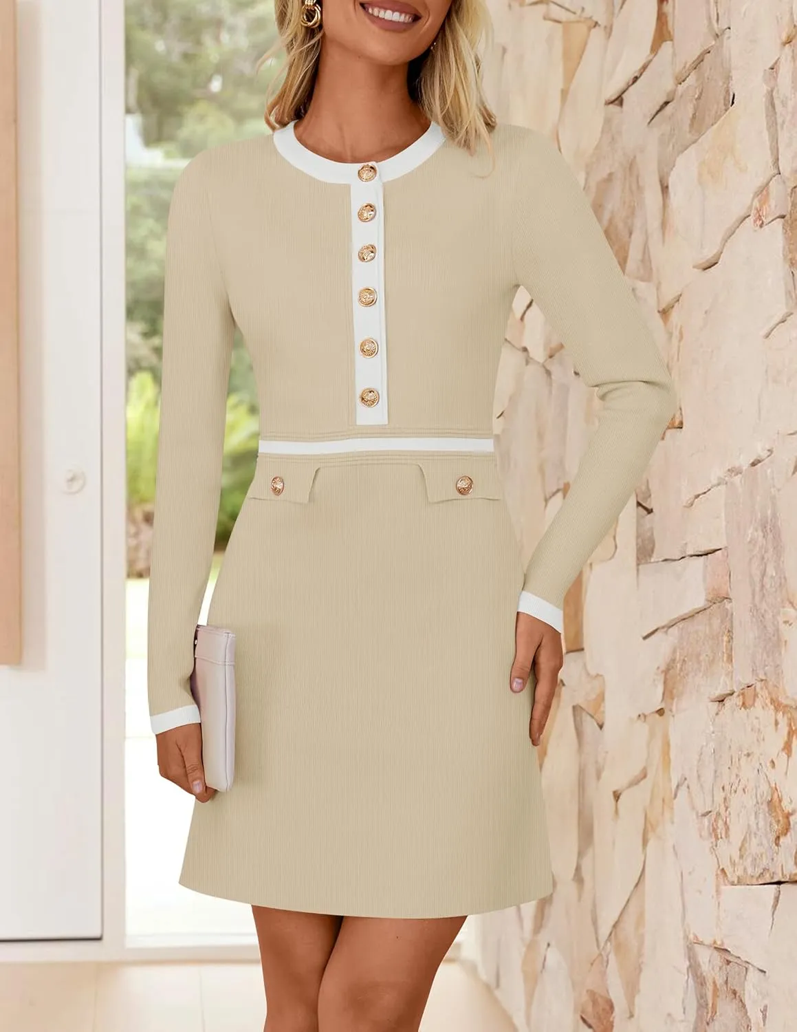 ZESICA Women's Fall Long Sleeve Bodycon Sweater Dress Crewneck Button Knit Color Block Party Mini Dresses