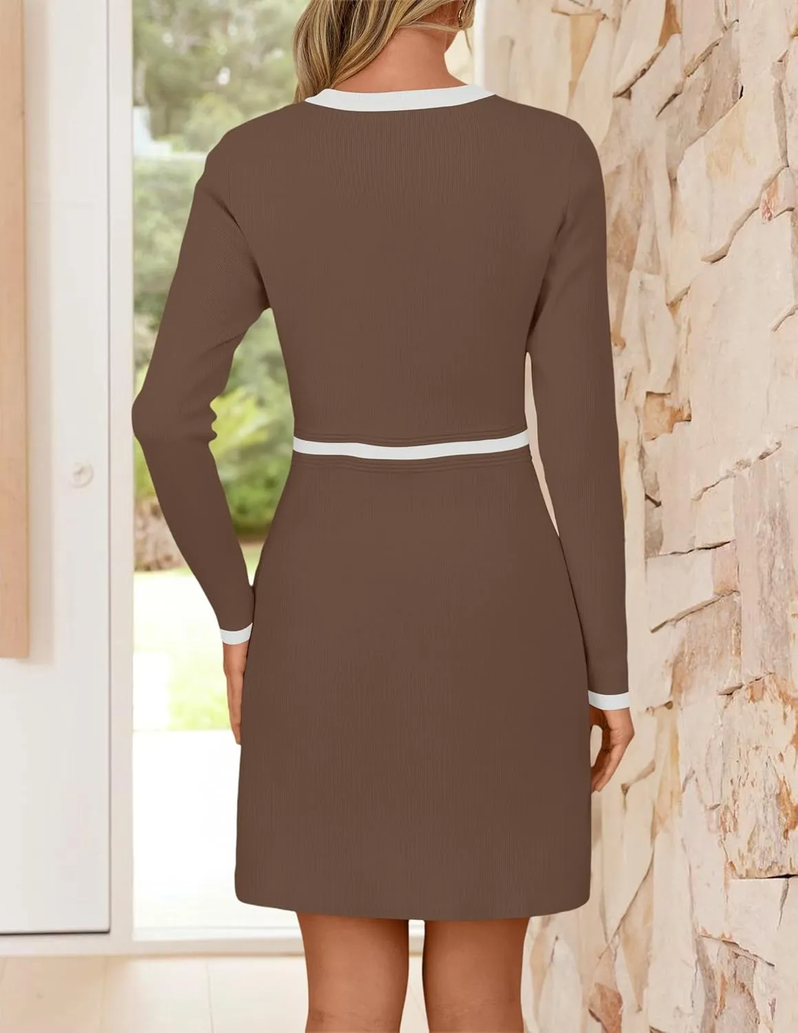 ZESICA Women's Fall Long Sleeve Bodycon Sweater Dress Crewneck Button Knit Color Block Party Mini Dresses