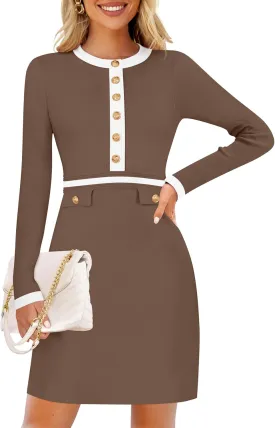ZESICA Women's Fall Long Sleeve Bodycon Sweater Dress Crewneck Button Knit Color Block Party Mini Dresses