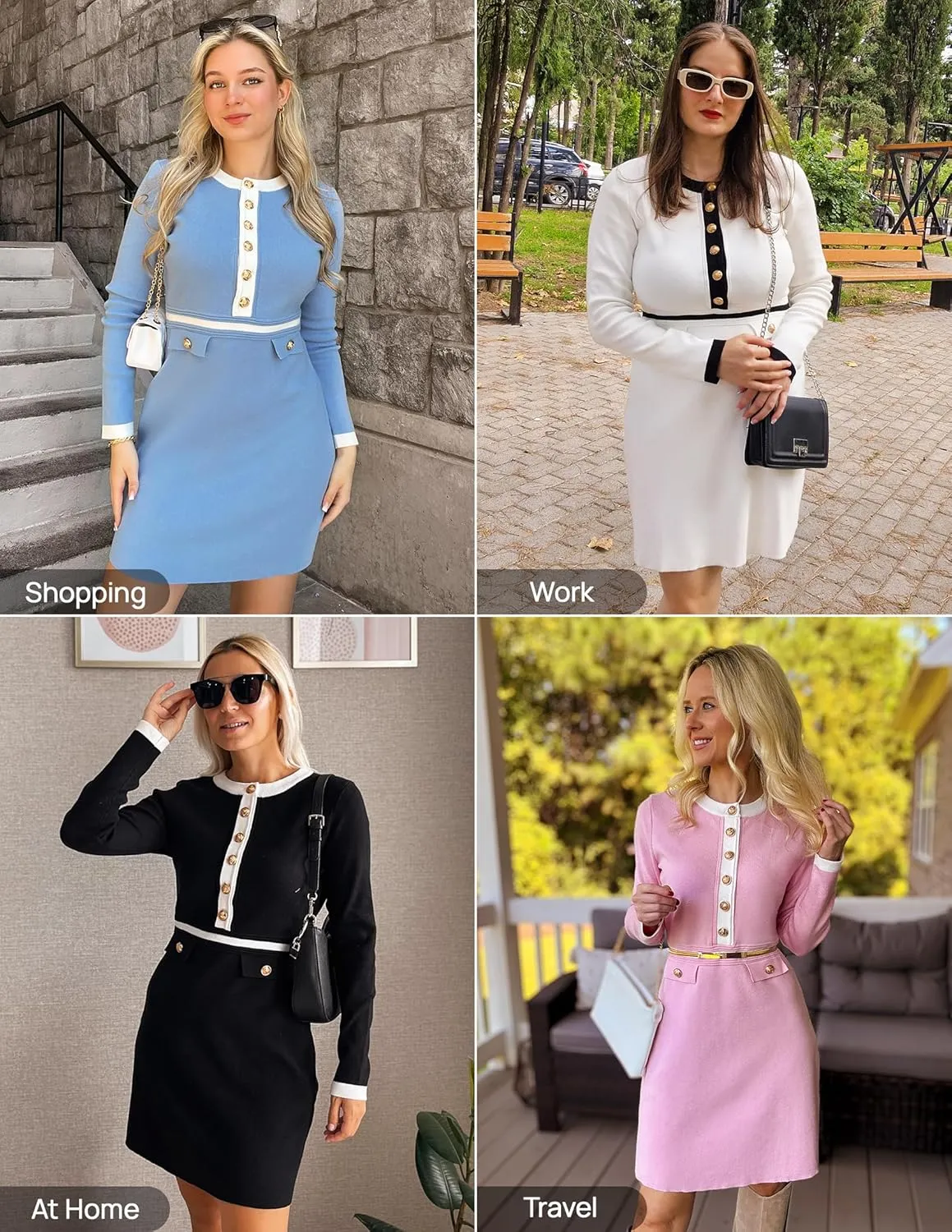 ZESICA Women's Fall Long Sleeve Bodycon Sweater Dress Crewneck Button Knit Color Block Party Mini Dresses