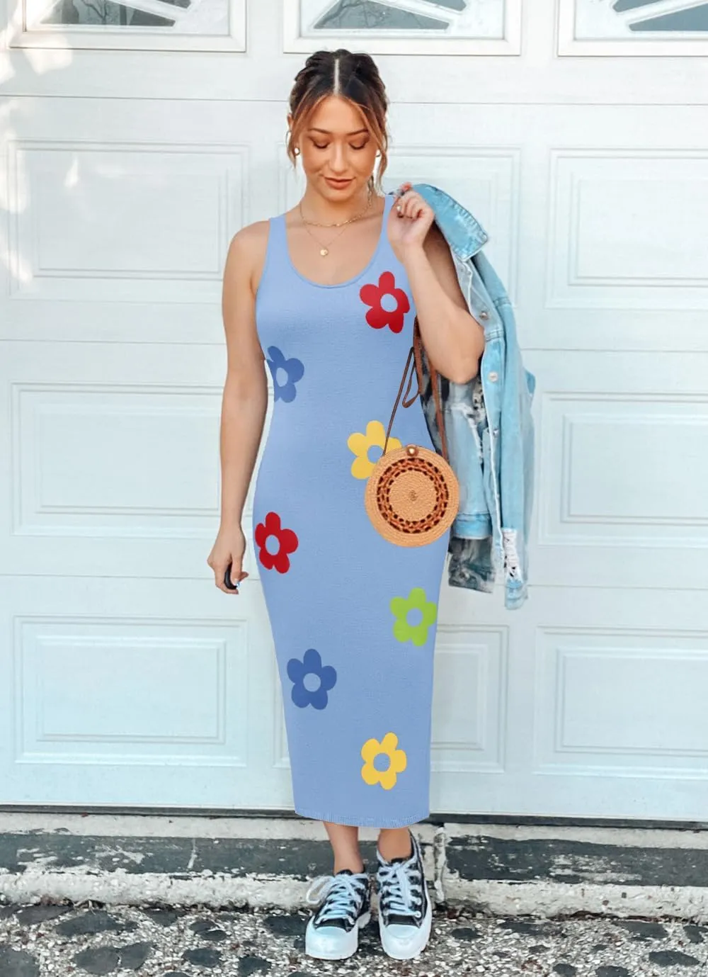 ZESICA Women's Summer Knit Bodycon Midi Dress 2025 Sleeveless Floral Crewneck Color Block Long Beach Party Dresses